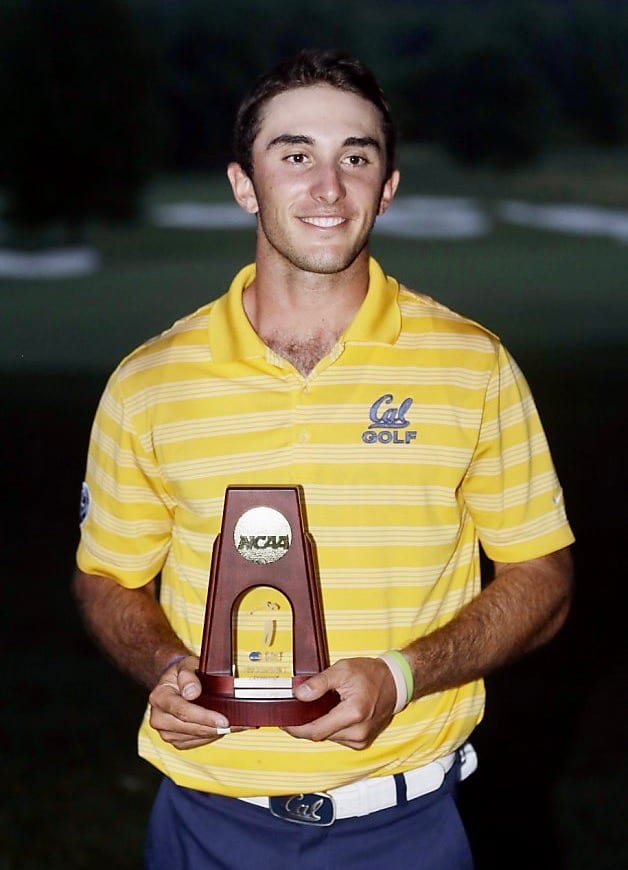Max Homa displays his 2013 NCAA title trophy 