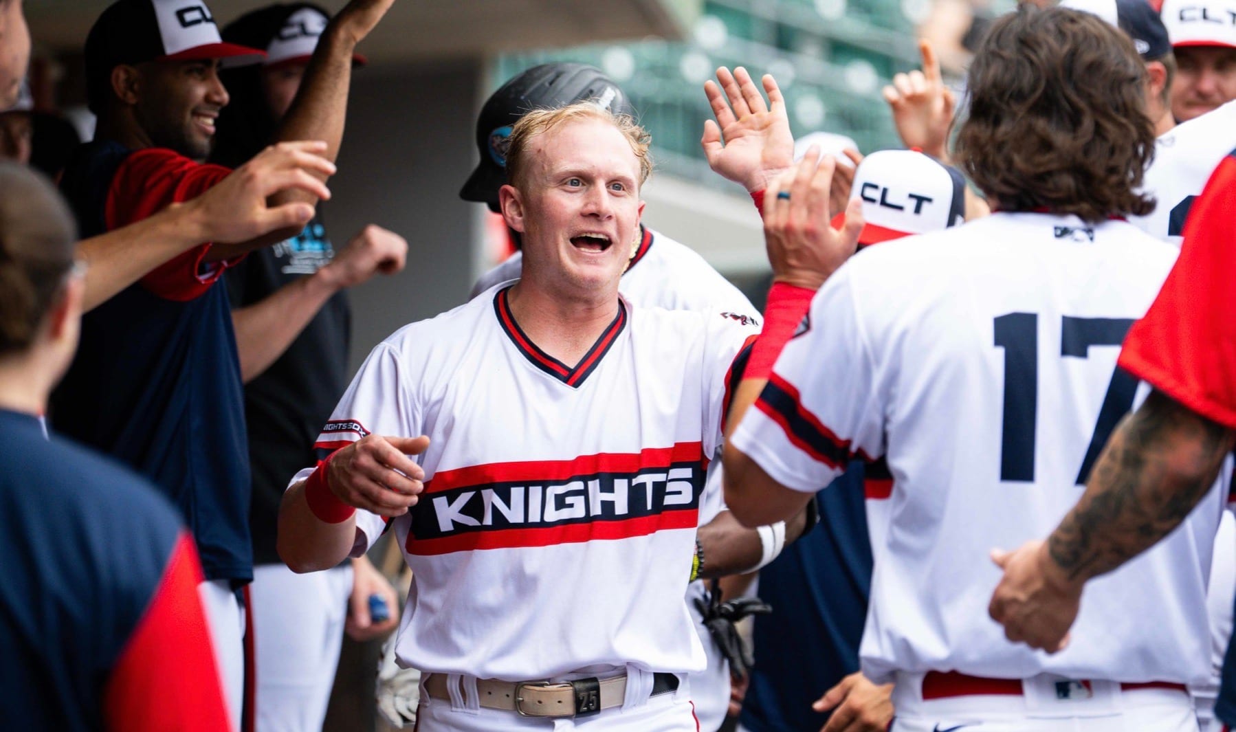 Andrew Vaughn celebrates a good moment with the Charlotte Knights
