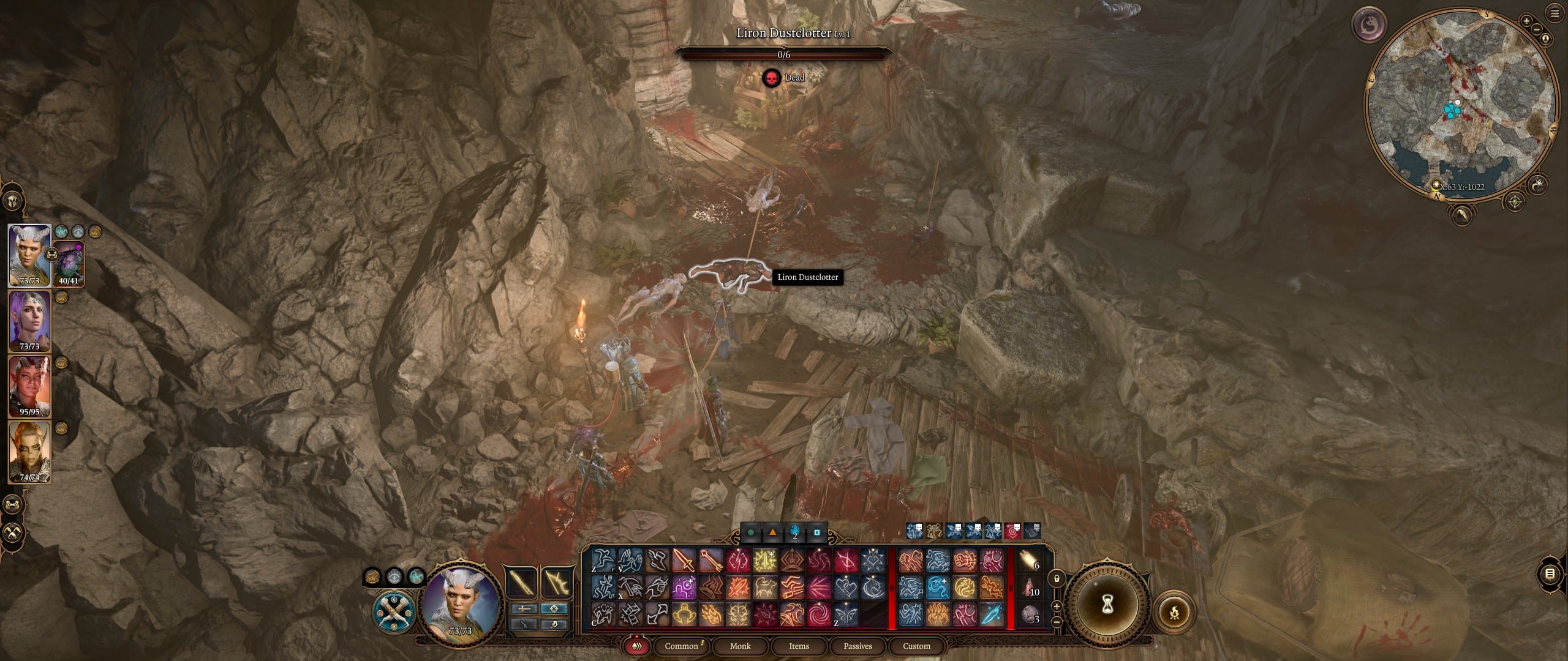 A cave with Dribbles' torso on the ground in Baldur's Gate 3