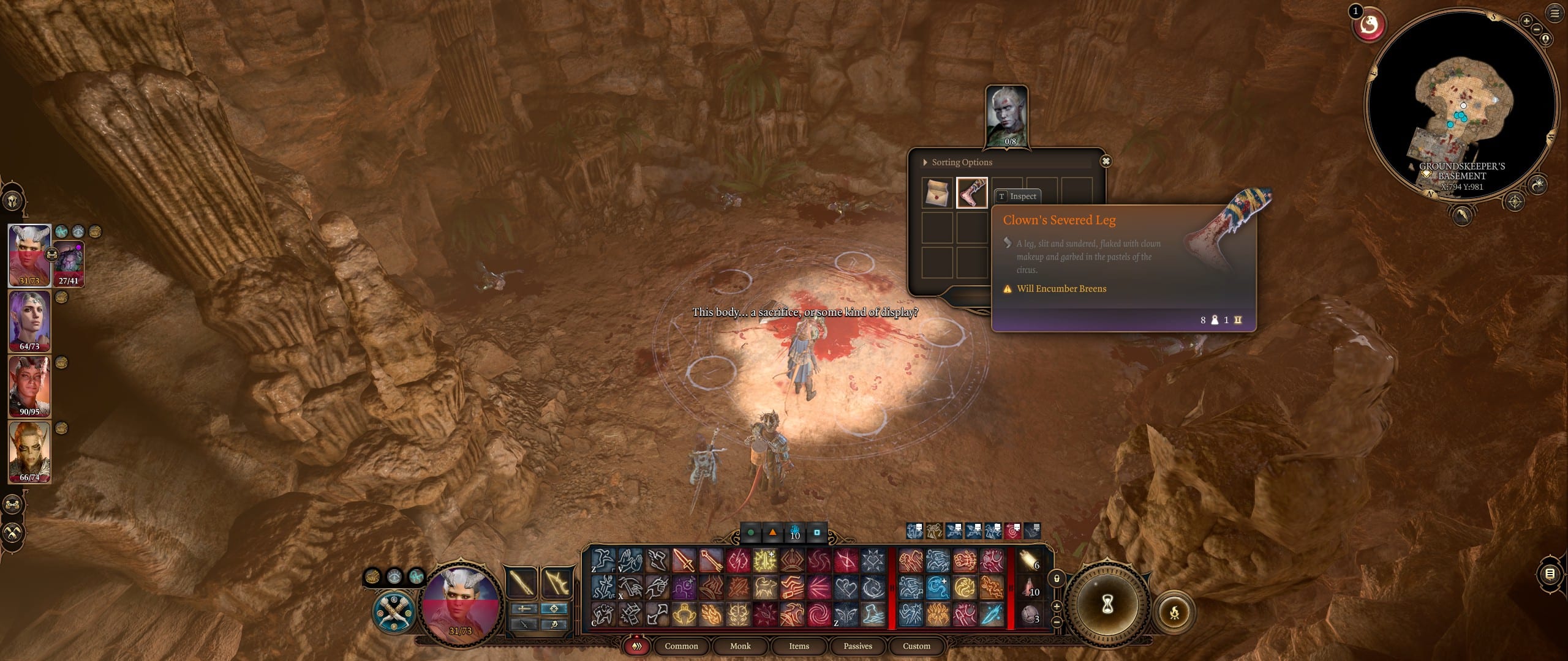 A cave with Dribbles' leg on the ground in Baldur's Gate 3