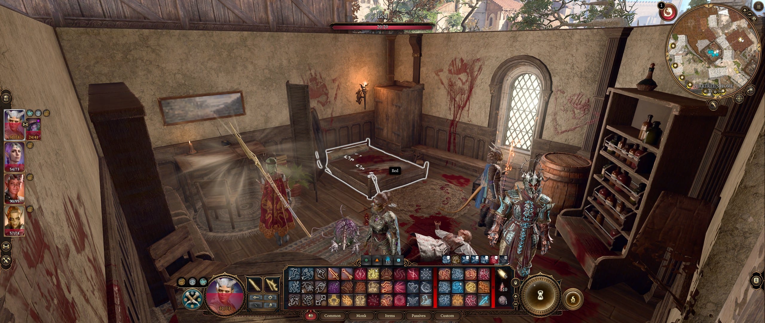 A house with blood splattered around the bedroom in Baldur's Gate 3