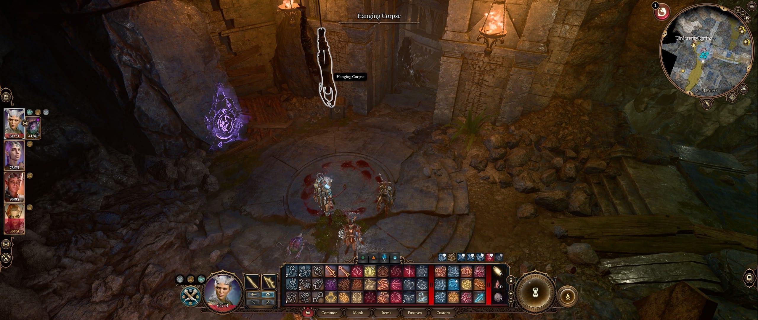The Undercity in Baldur's Gate 3 with a hanging man.