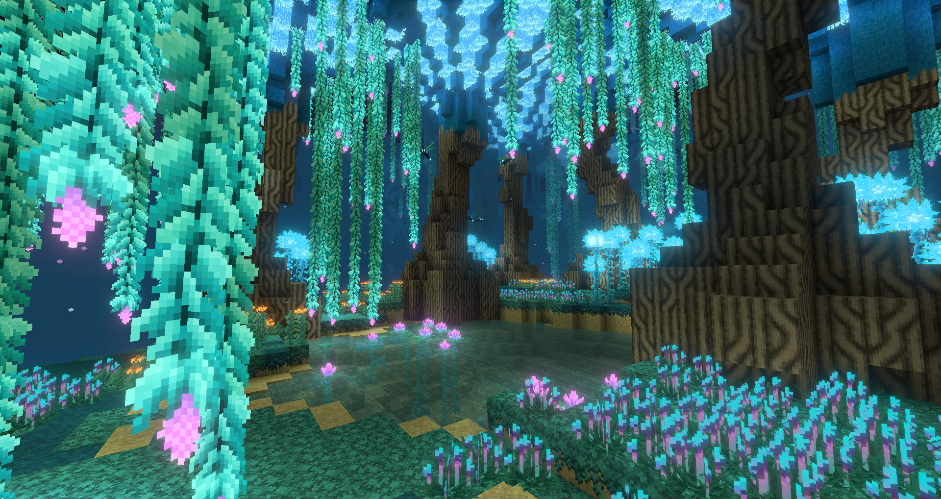 Glowing blue trees in The End from the BetterEnd Minecraft mod.
