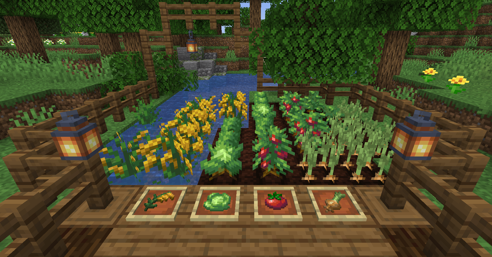 A variety of crops from Farmer's Delight planet in Minecraft.