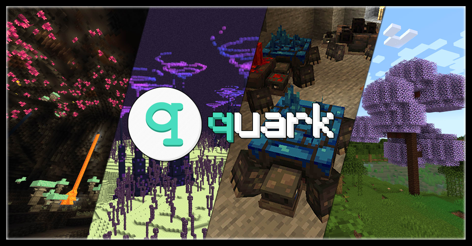The Quark Minecraft mod logo with a montage of locations showcasing the blocks and mobs it adds.