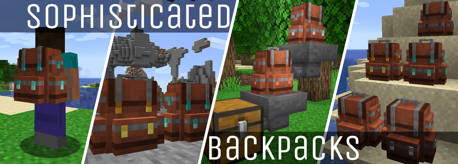 A montage of images showing the various backpacks from the Sophisticated Backpacks mod in Minecraft.