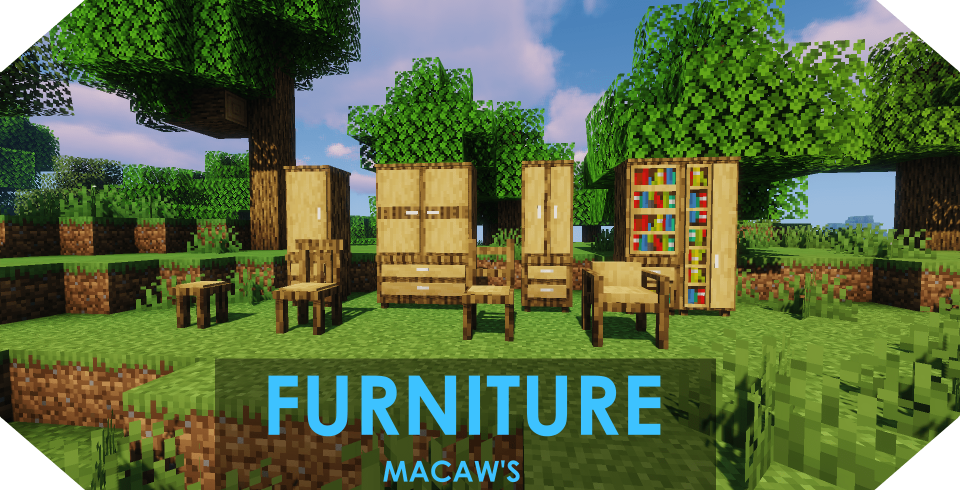 A selection of wooden furniture from Macaw's Furniture mod.