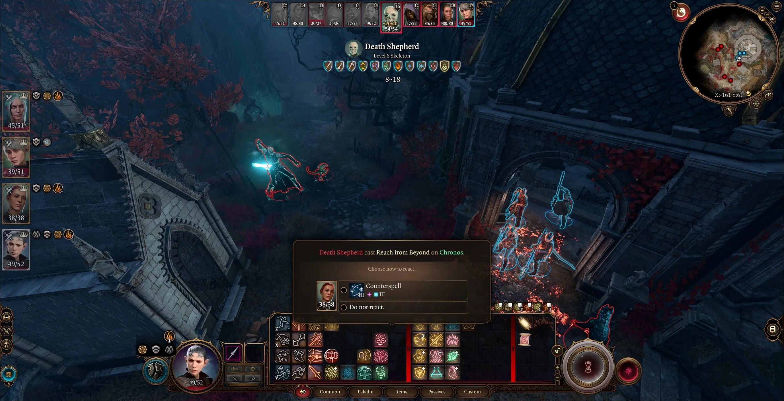 Baldur's Gate 3 with the Trials of Tav mod installed, in the middel of a battle in a graveyard at night.