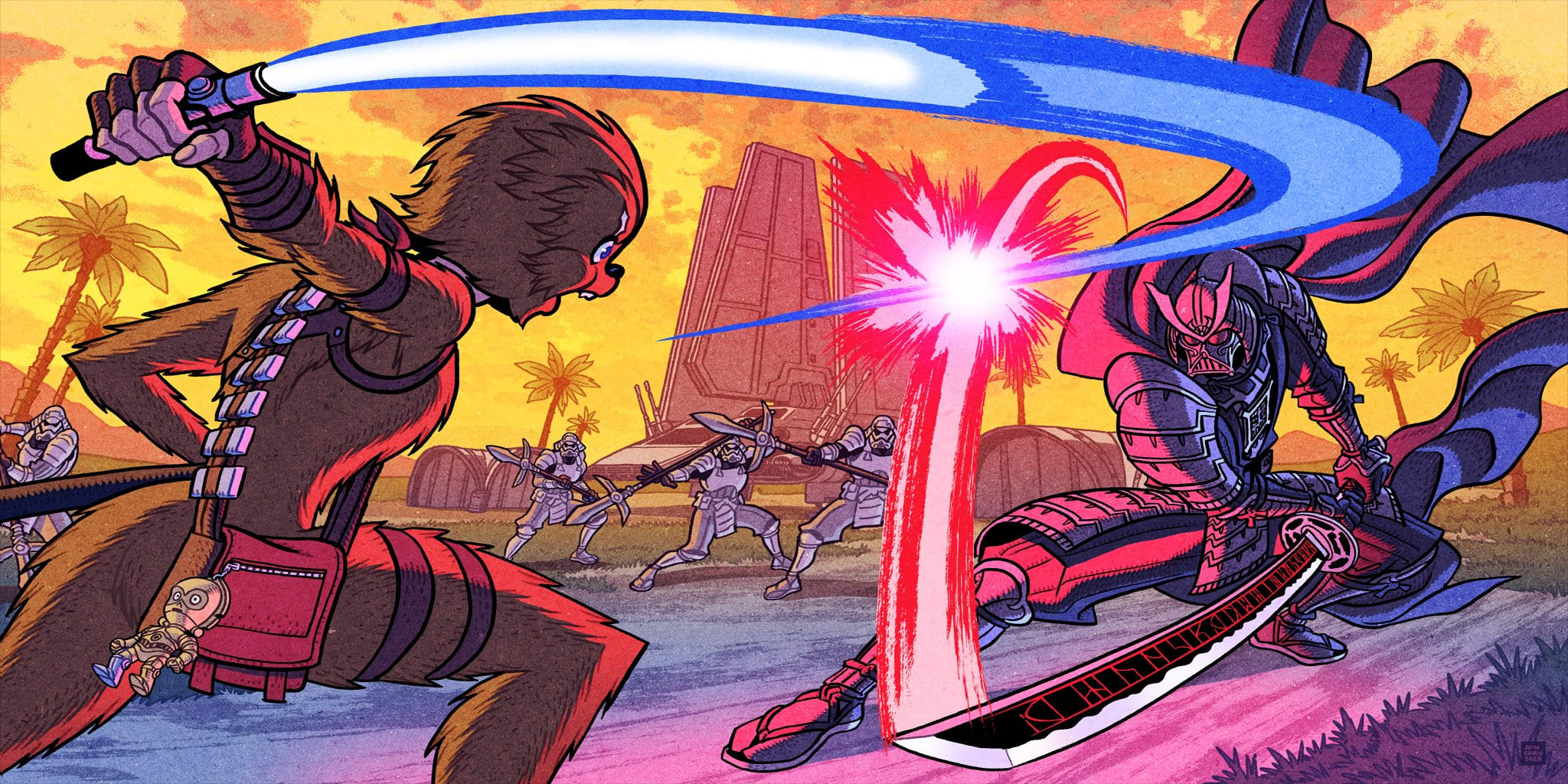 A loading screen from Fortnite depicting a demale Wookiee swordfighting with a samurai version of Darth Vader.
