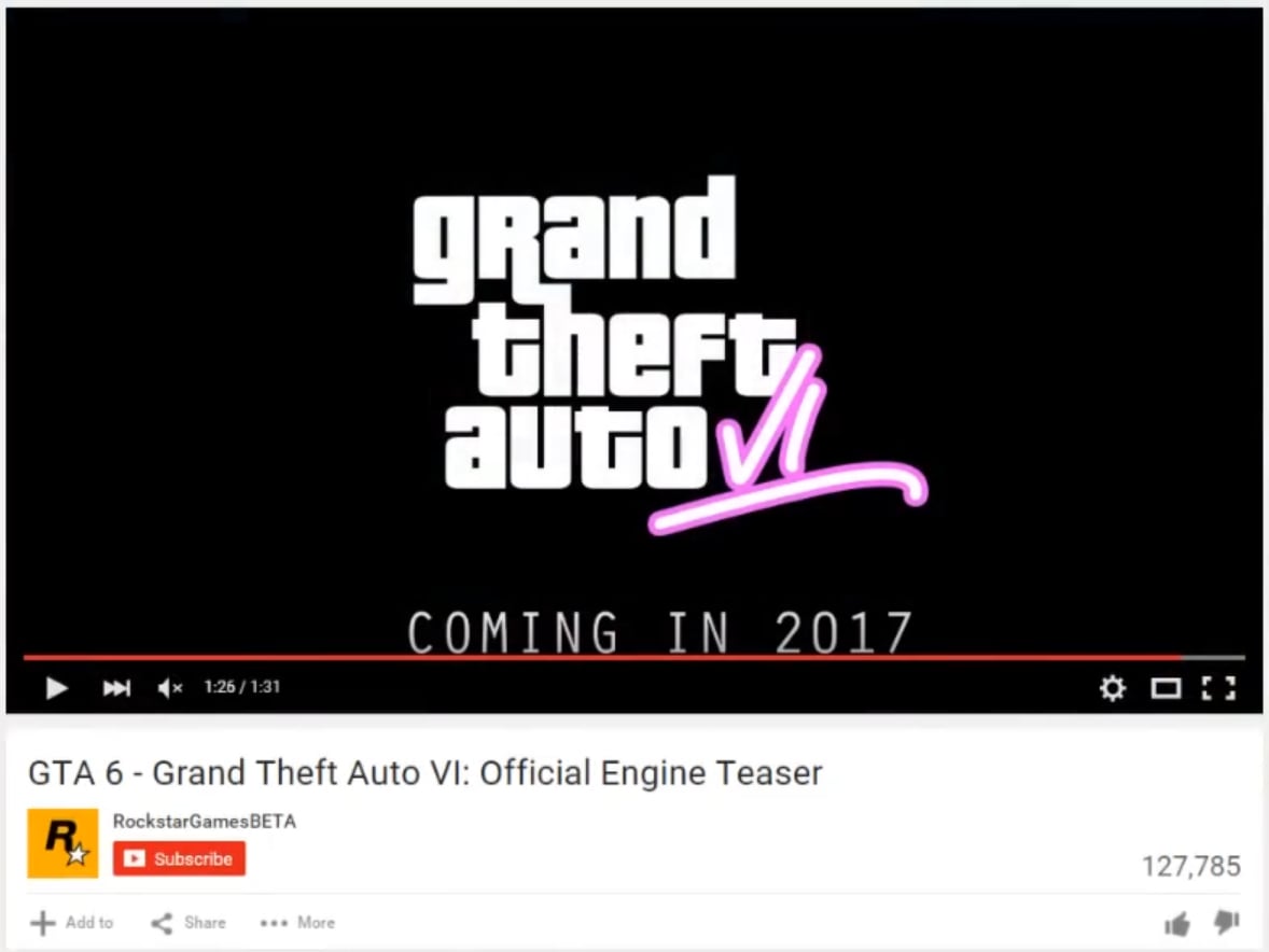 A YouTube window showing a fake trailer for GTA 6