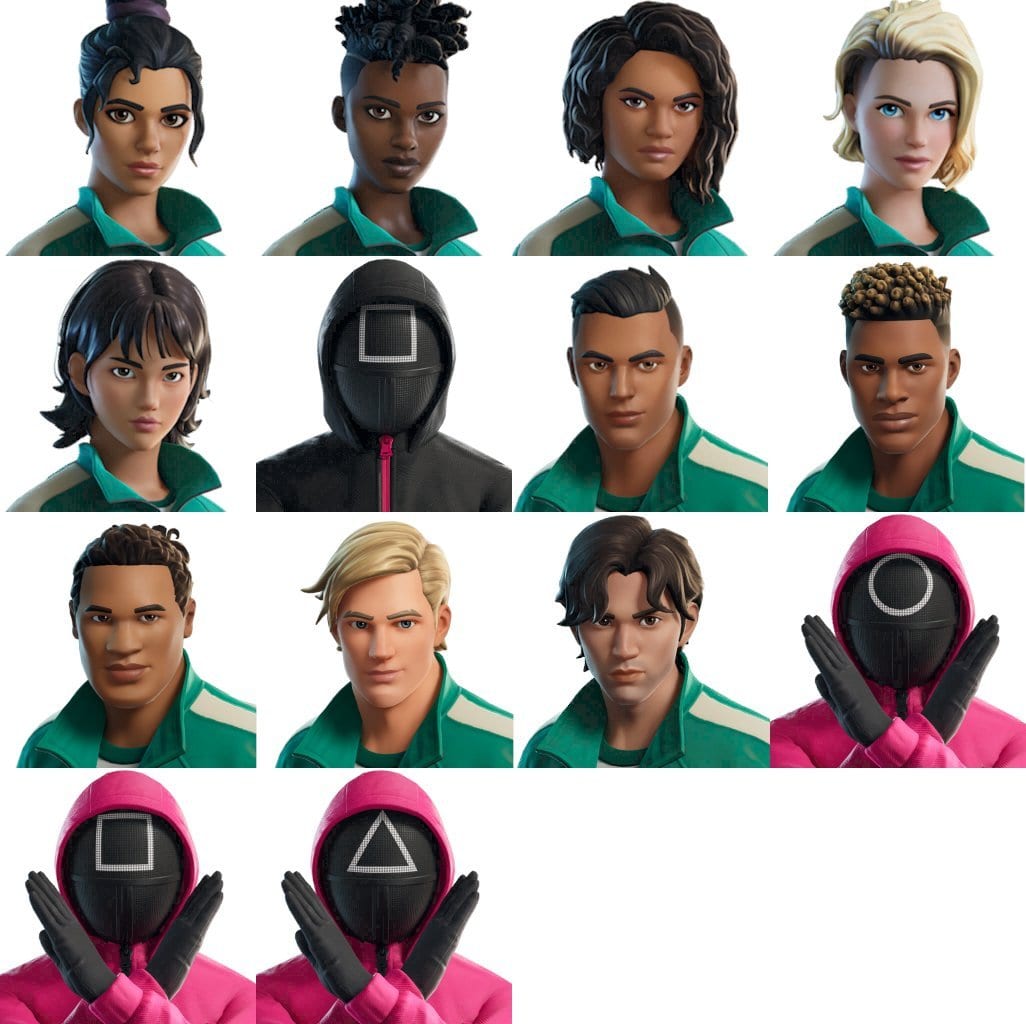 Various Fortnite characters in the green tracksuits from Squid Game, and the pink-jacketted enforcers.