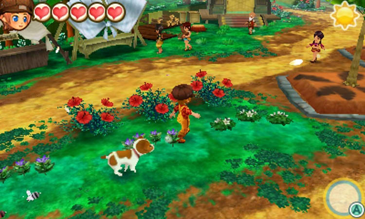 A character walking with their dog through a town past from lush red flower bushes.