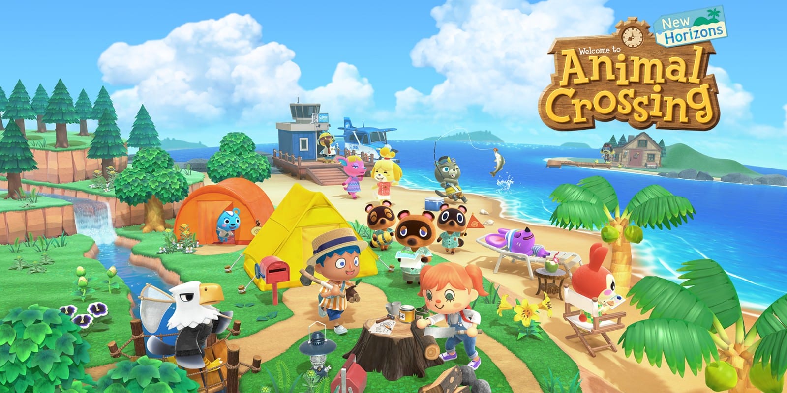 A campsite next to the best with people crafting things as animals sit around them.