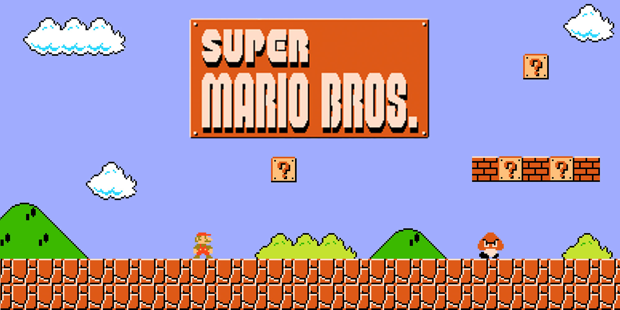 Mario standing in Level 1-1 with question blocks ahead of him and a Goomba approaching.