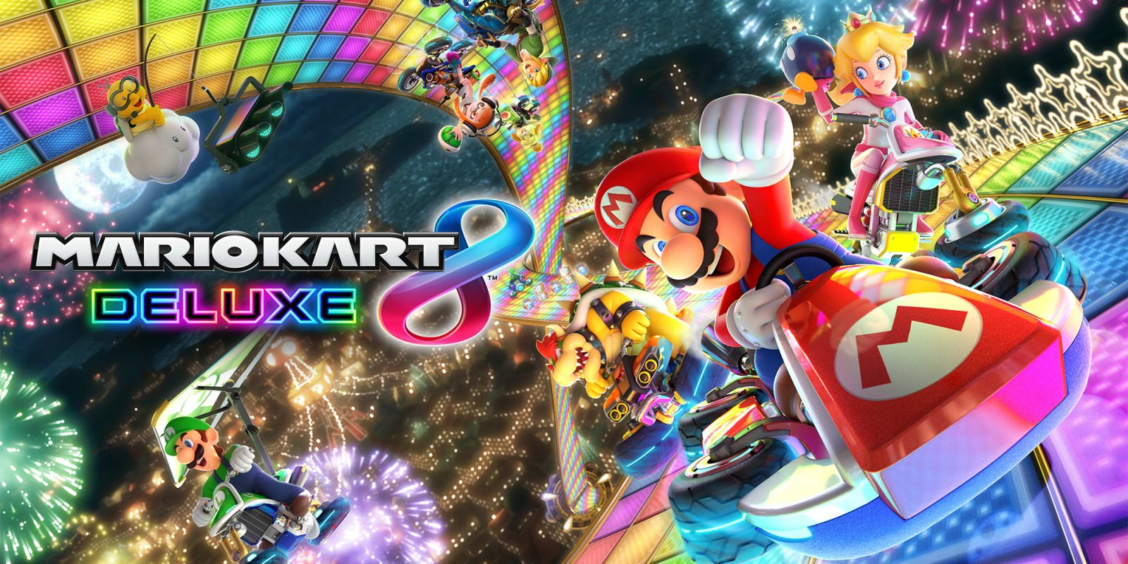 Mario, Peach, and Bowser riding along Rainbow Road while various other characters drive in the background.