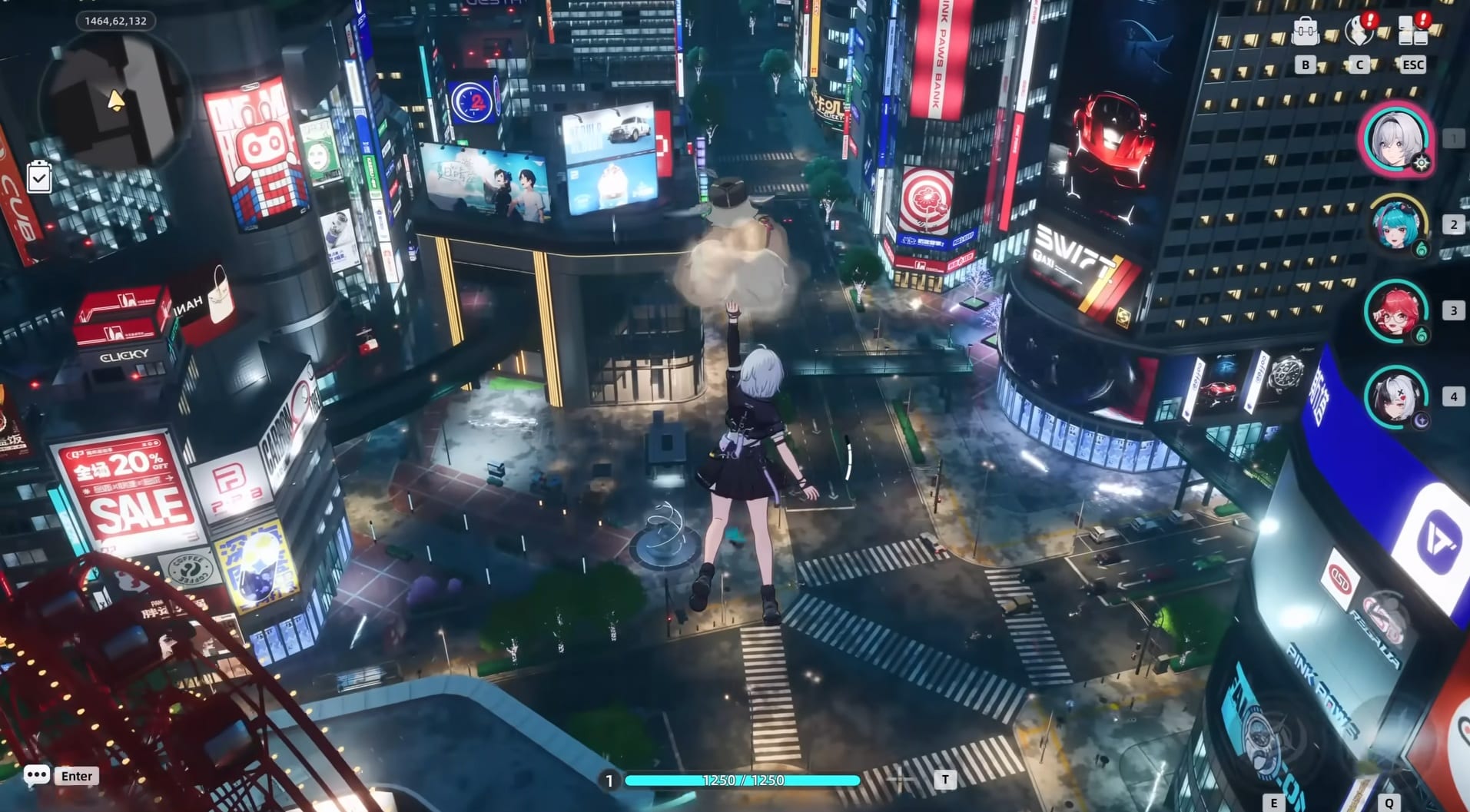 NTE screenshot of a young woman using a fantasy creature to glide above a cityscape by night.
