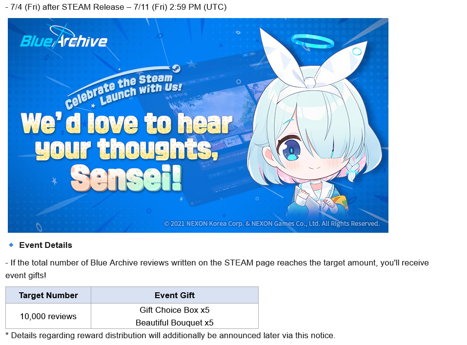 Screenshot of the Blue Archive Steam review event rules.
