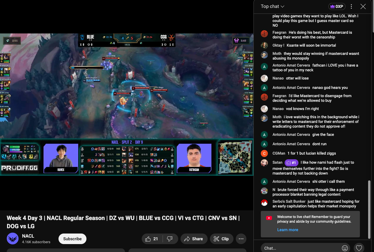 Riot Games NACL YouTube chat filled with Mastercard comments