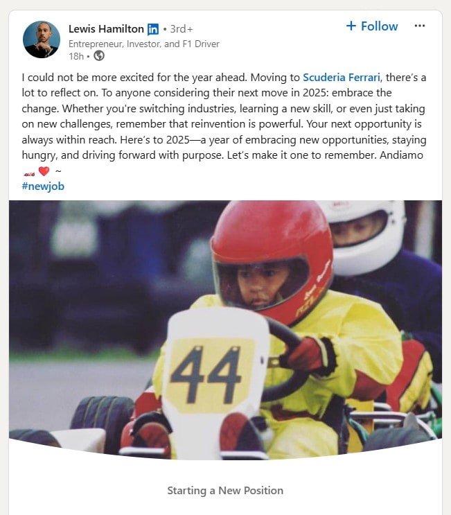 Lewis Hamilton LinkedIn post screenshot