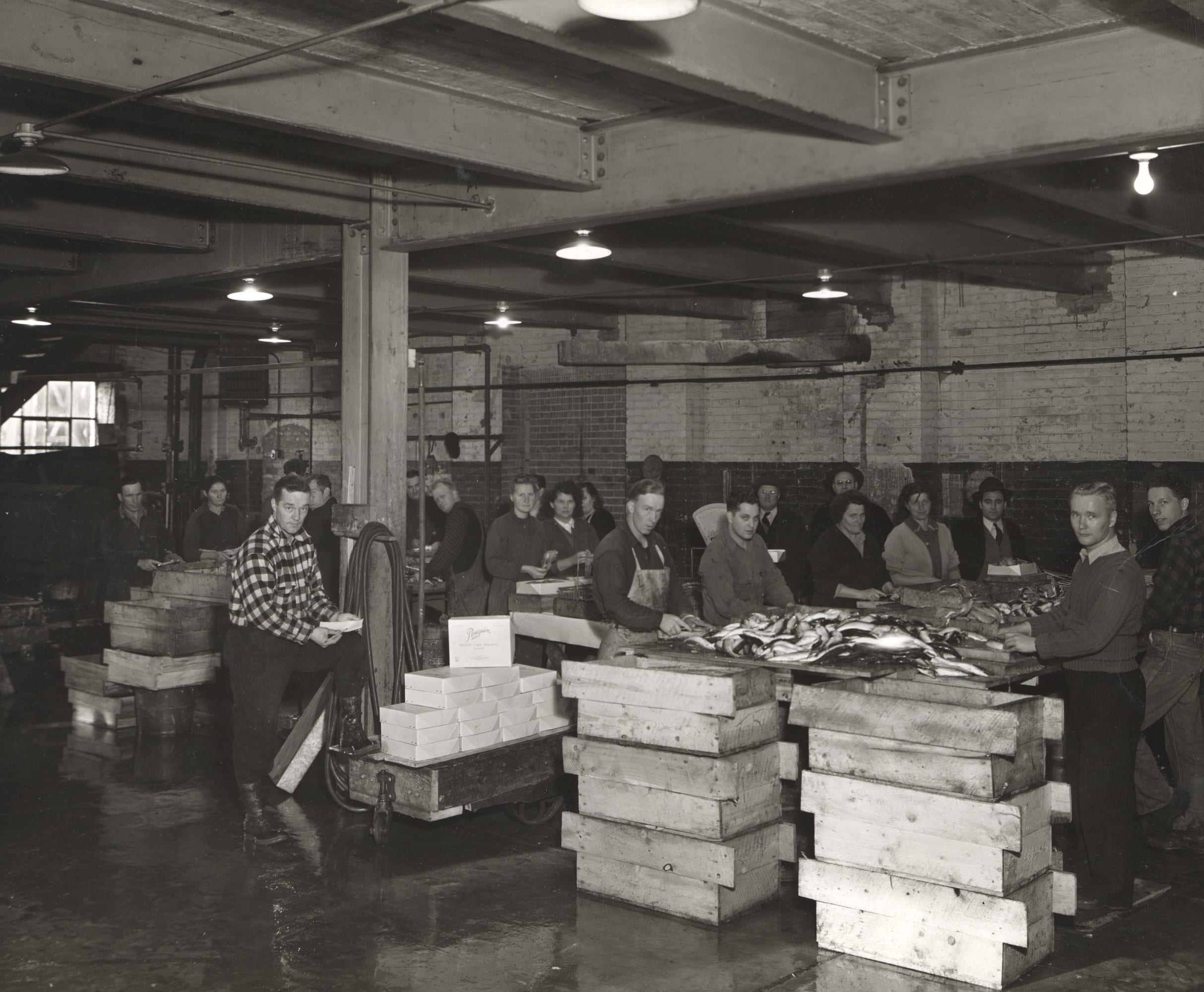 THE FISH THIEF: A Great Lakes Mystery photo of a fish packing plant from the 1940s in the Great Lakes area. 