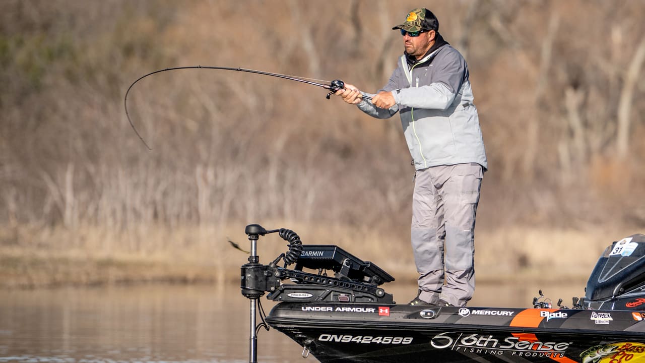 Cory Johnston casting from his bass boat at the Bassmaster Classic on Ray Roberts.