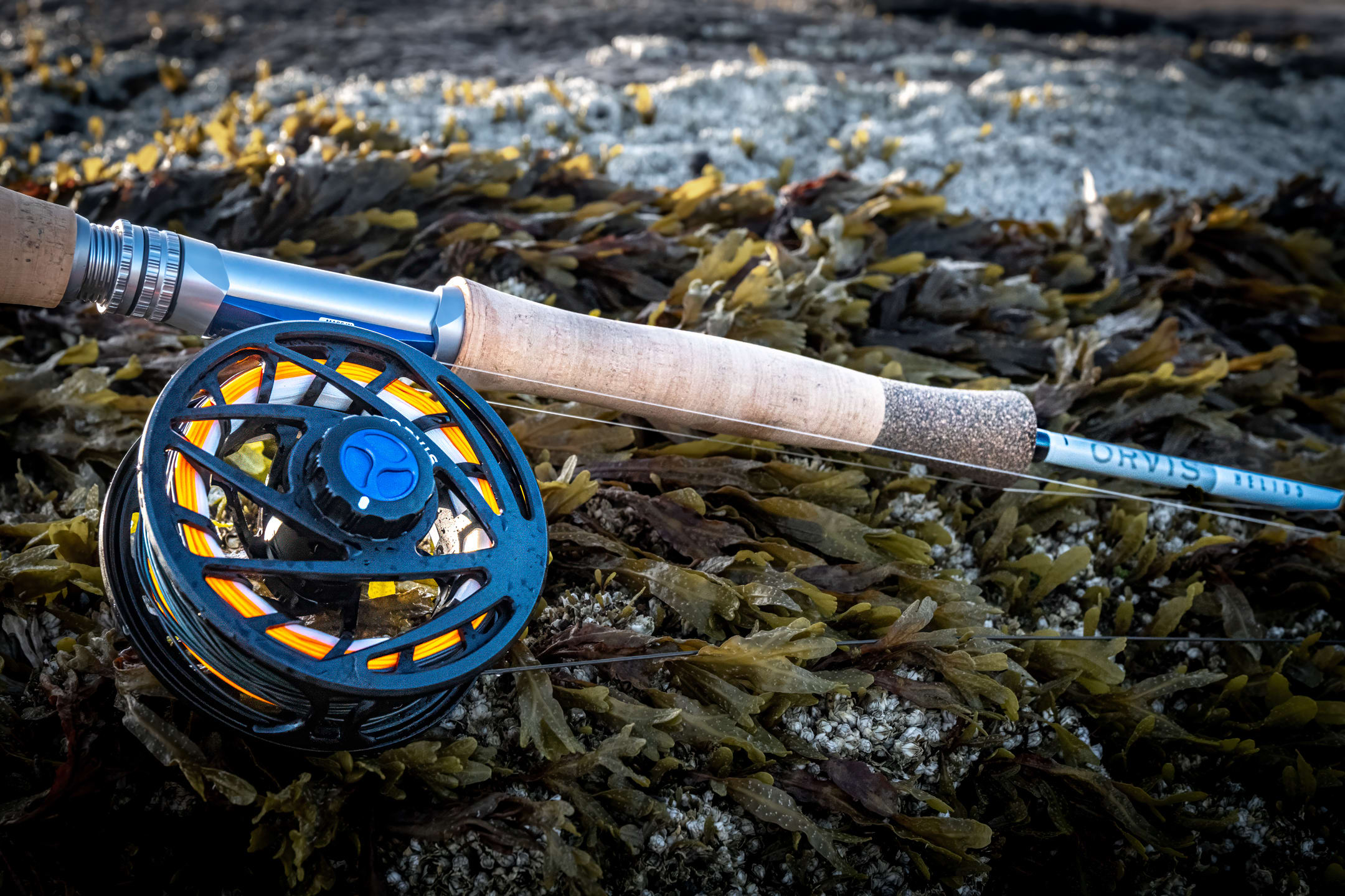 The Orvis Helios D and the Orvis Mirage fly reel are lying on a seaweed-covered rock. 