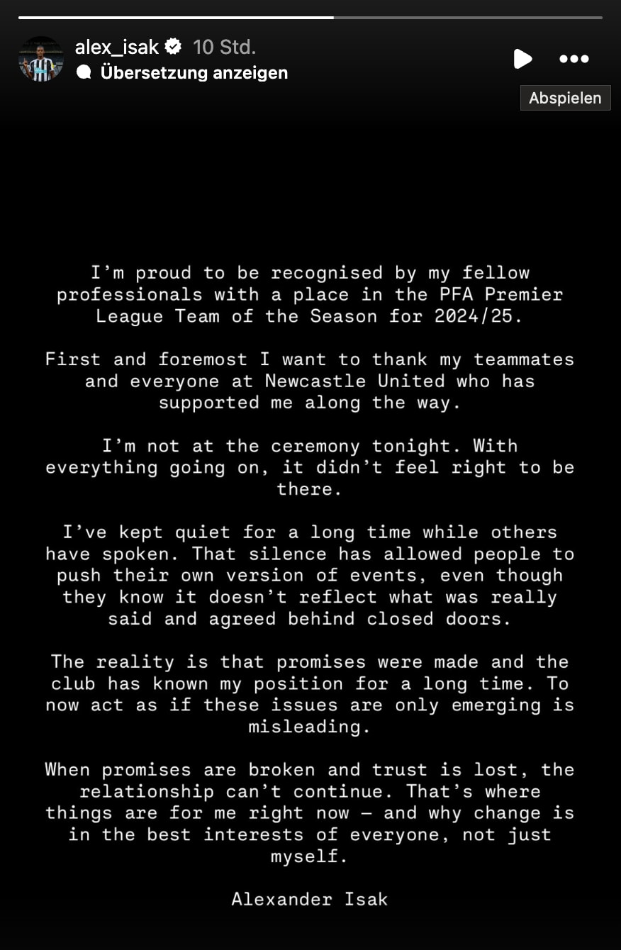 Alexander Isak mit einem Statement via Instagram-Story
