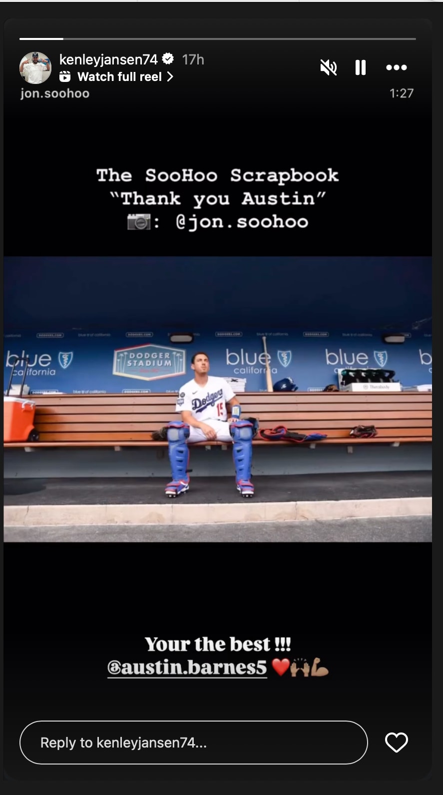 Kenley Jansen's Austin Barnes Instagram tribute