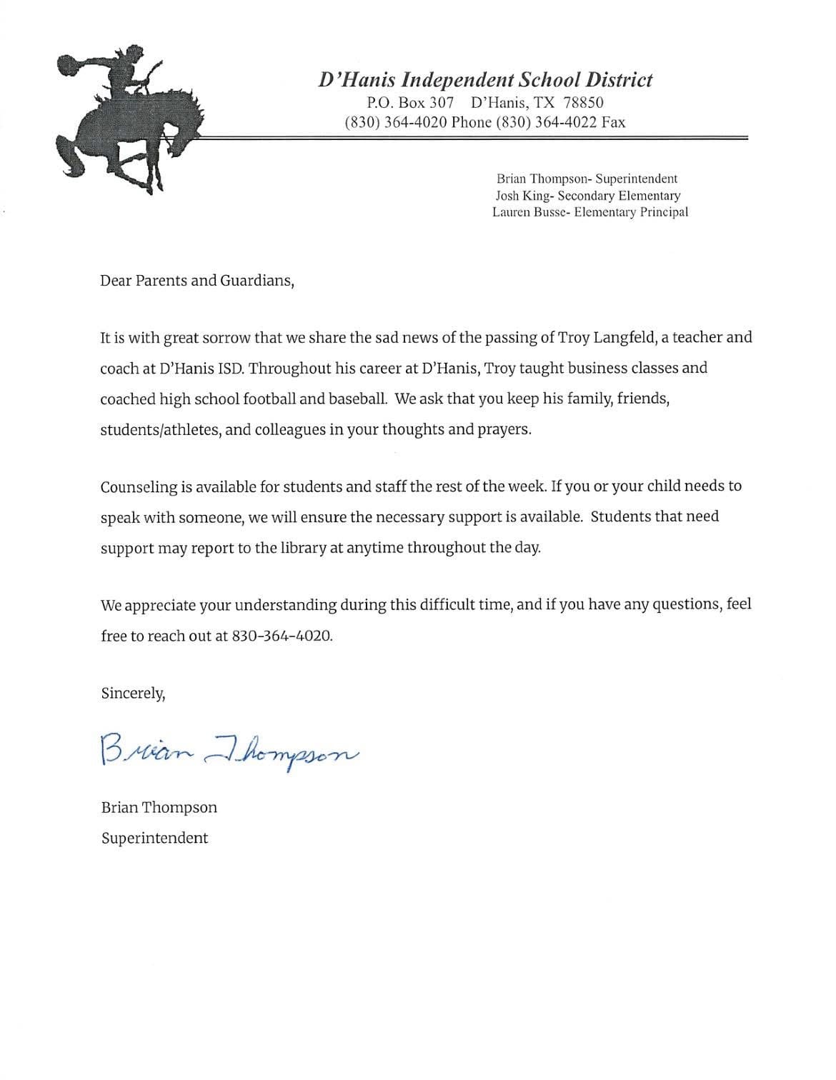 D'Hanis ISD announced that head football coach Troy Langfield has passed away 