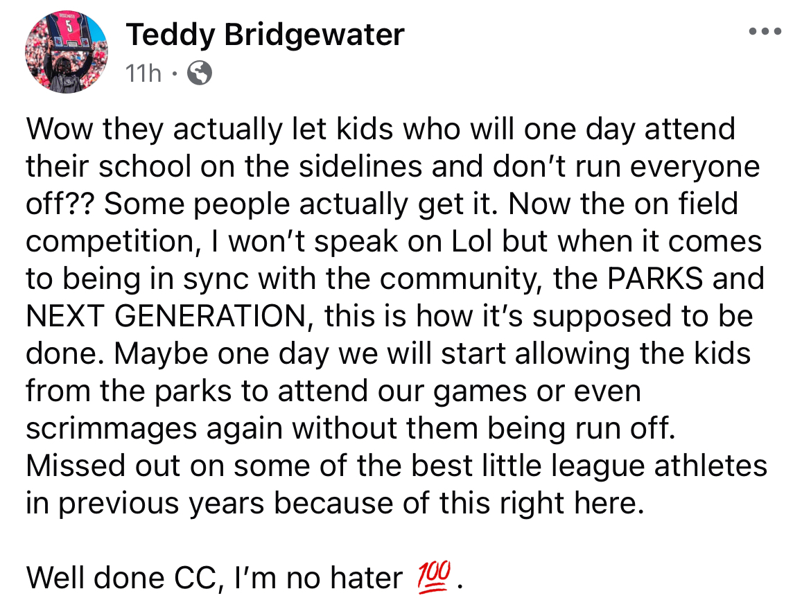 Teddy Bridgewater comments on social media via Facebook 