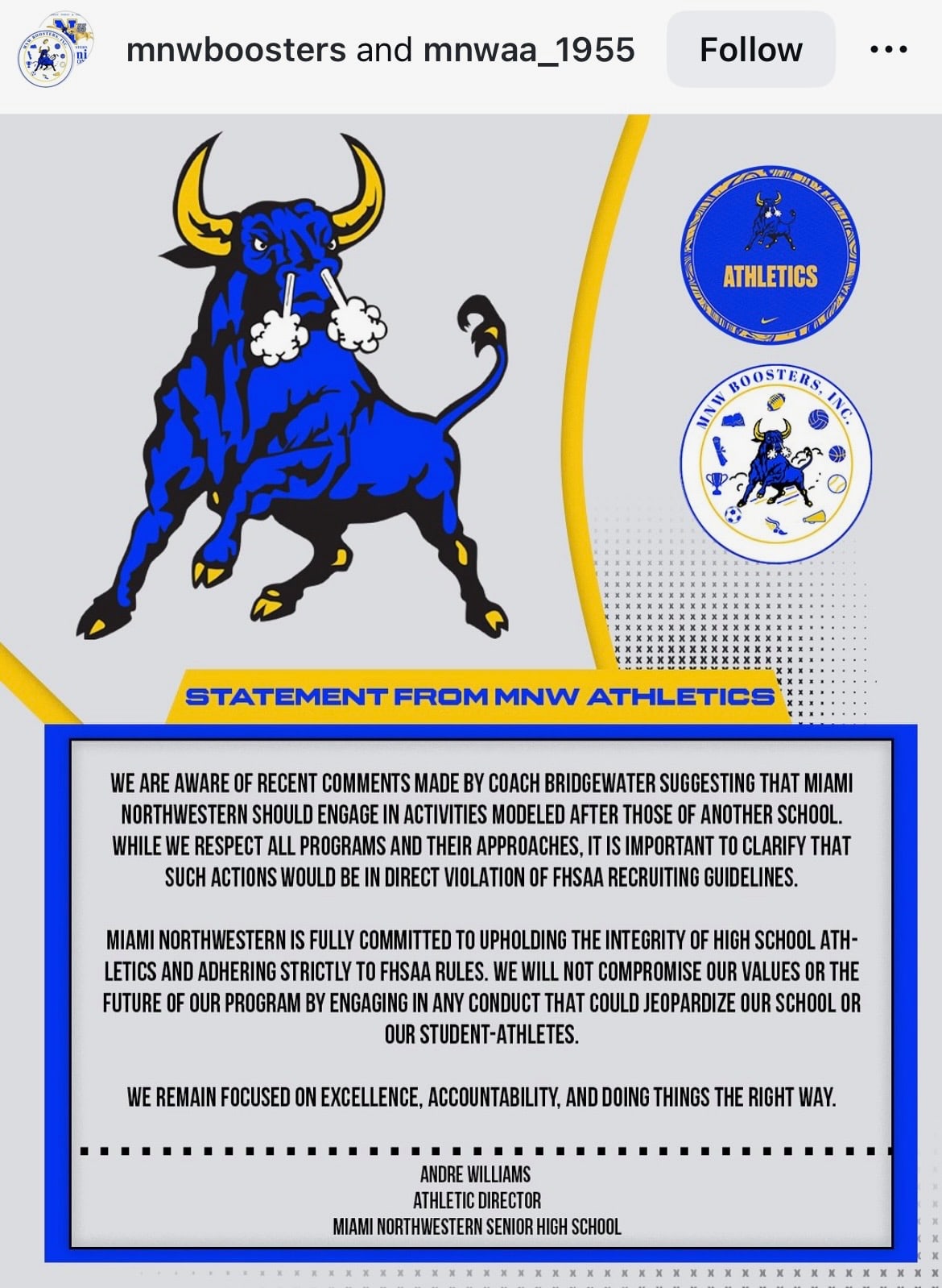 Miami Northwestern AD Andre Williams made a statement Thursday regarding Teddy Bridgewater's social media comments