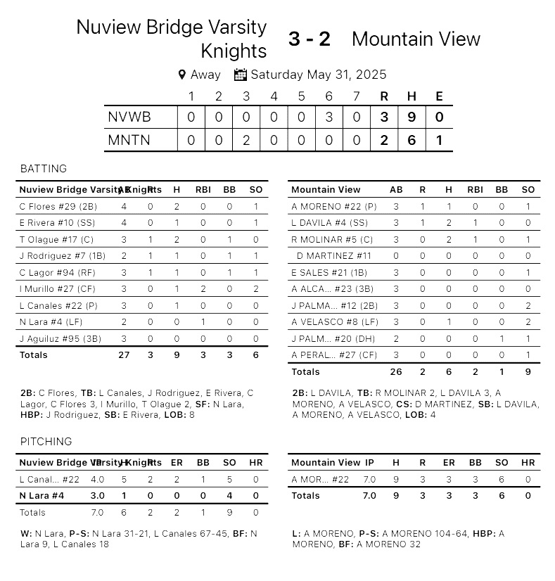 Nuview Bridge vs. Mountain View CIF Southern Section Division 9 baseball final box score.