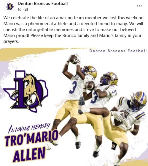 Denton Broncos Football tribute to Tro'Mario Allen Jr. on Facebook.