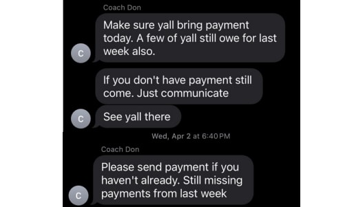 Text messages from Donald Stephenson to LSN players