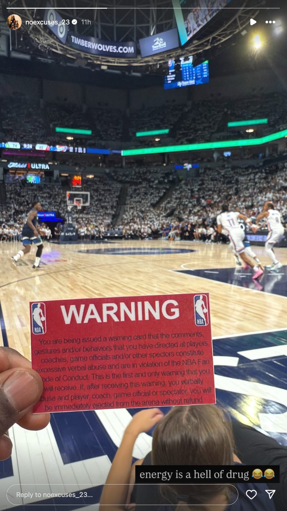 Josh Metellus' Instagram post after getting warned at the Wolves-Thunder playoff game. 