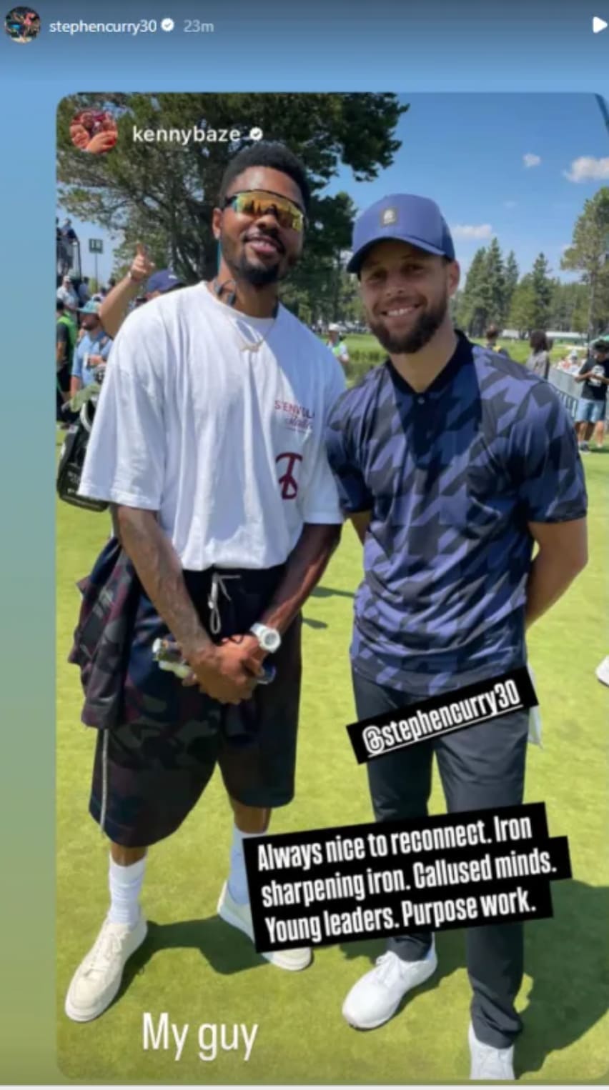 Golden State Warriors guard Steph Curry with Kent Bazemore