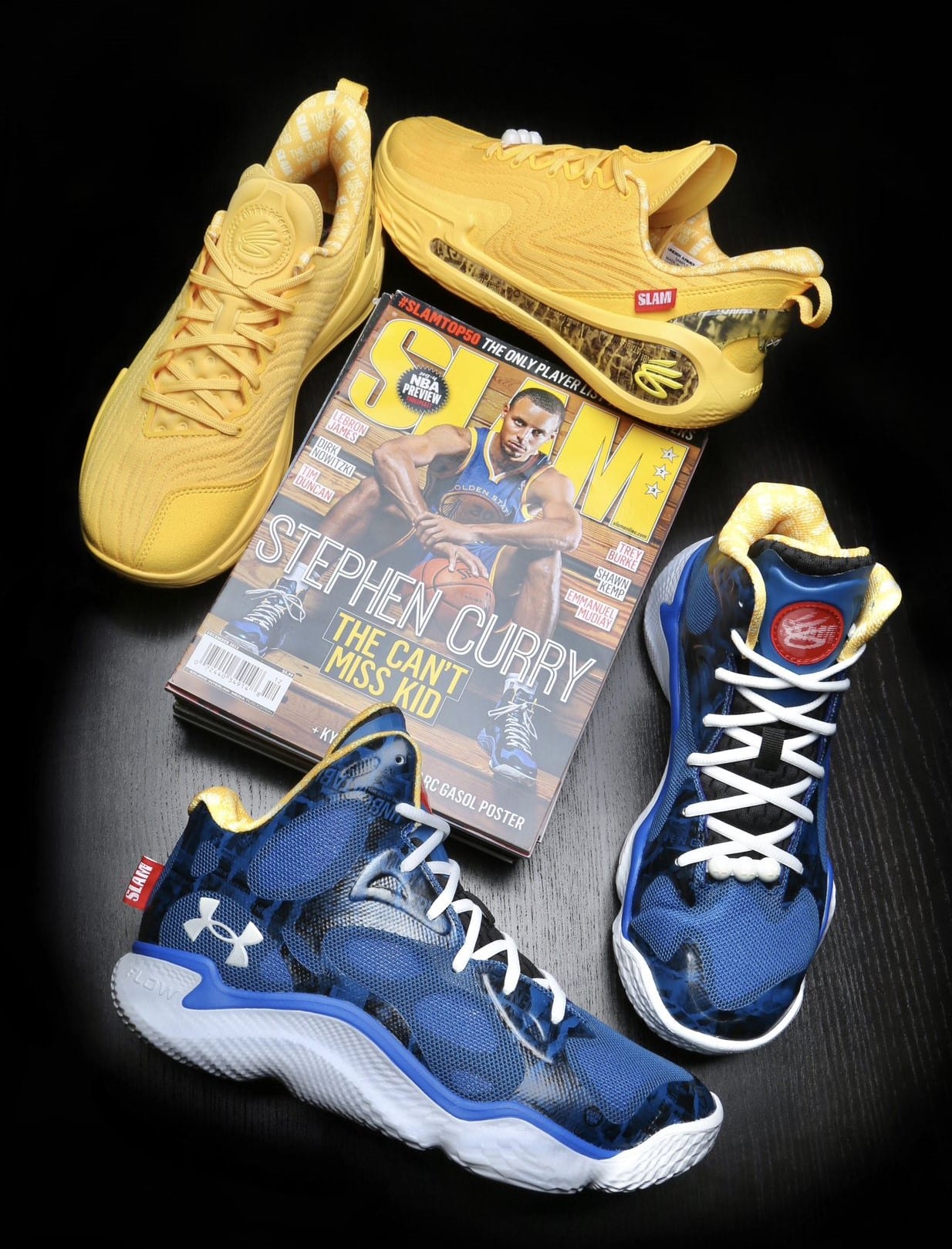 Stephen Curry's gold and blue sneakers with a SLAM magazine.