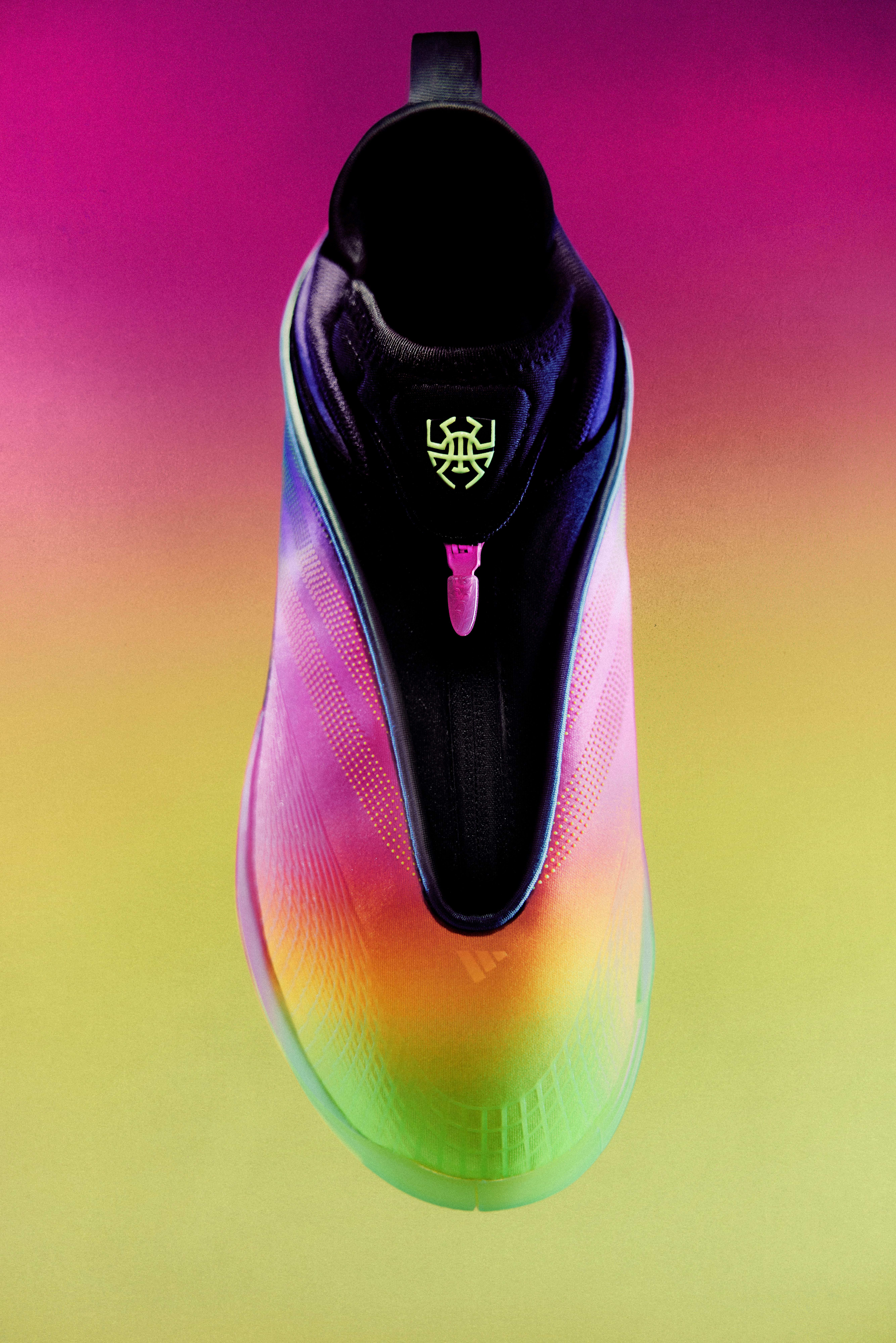 Donovan Mitchell's multi-color adidas basketball shoe.