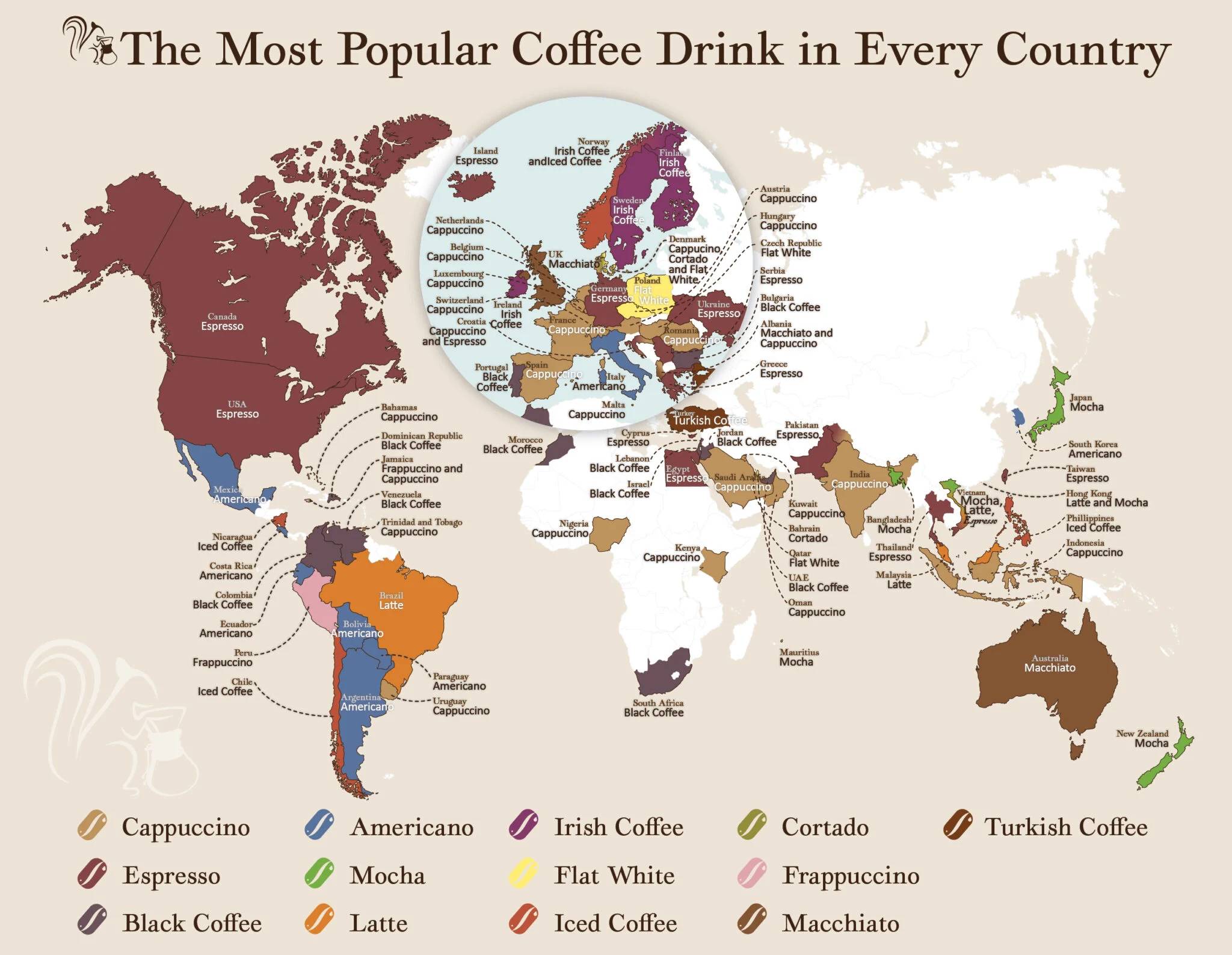 Map of popular coffee drinks across the world