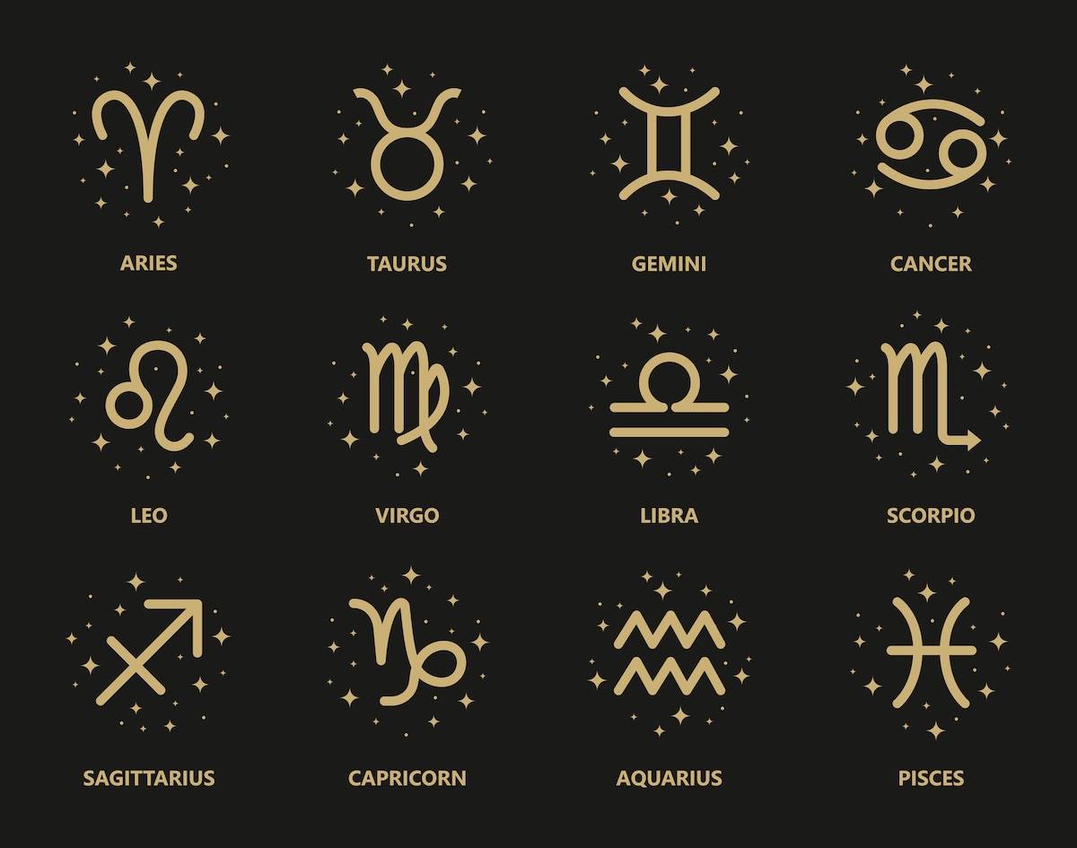 Zodiac signs set: Aries, Taurus, Gemini, Cancer, Leo, Virgo, Libra, Scorpio, Sagittarius, Capricorn, Aquarius, and Pisces. 