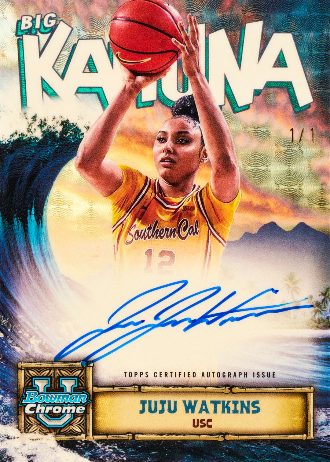 JuJu Watkins 2025 Bowman University Chrome Basketball Big Kahuna Autographed Superfractor
