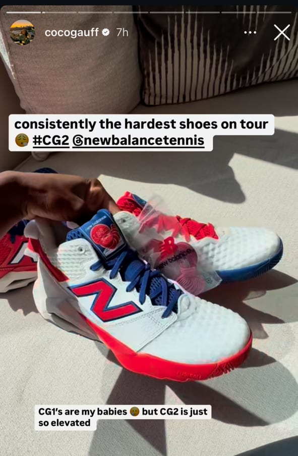 Coco Gauff's white, red, and blue New Balance tennis shoes.