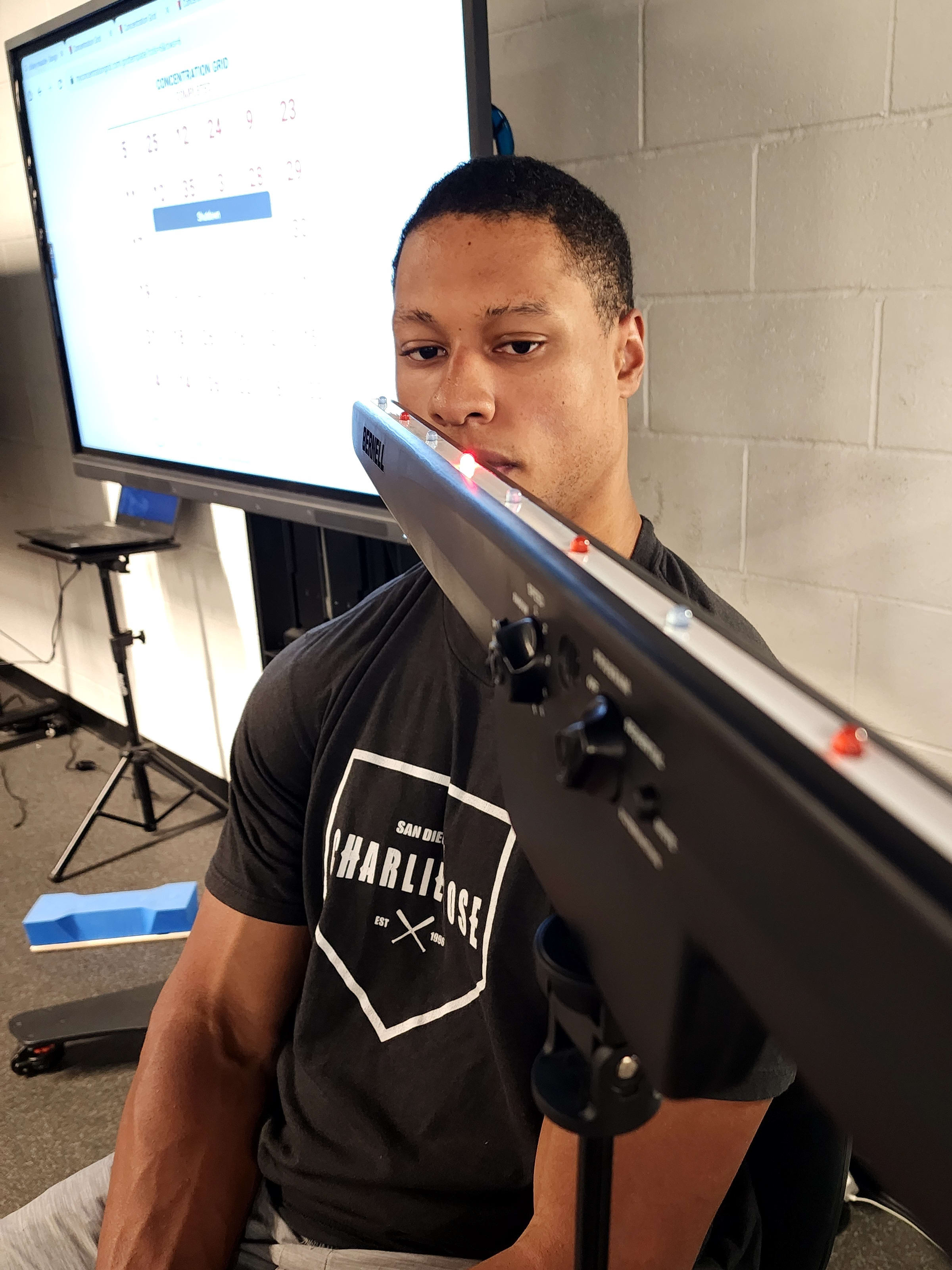 Harrison uses various tools and equipment to measure and analyze an athlete's eye movement and function.