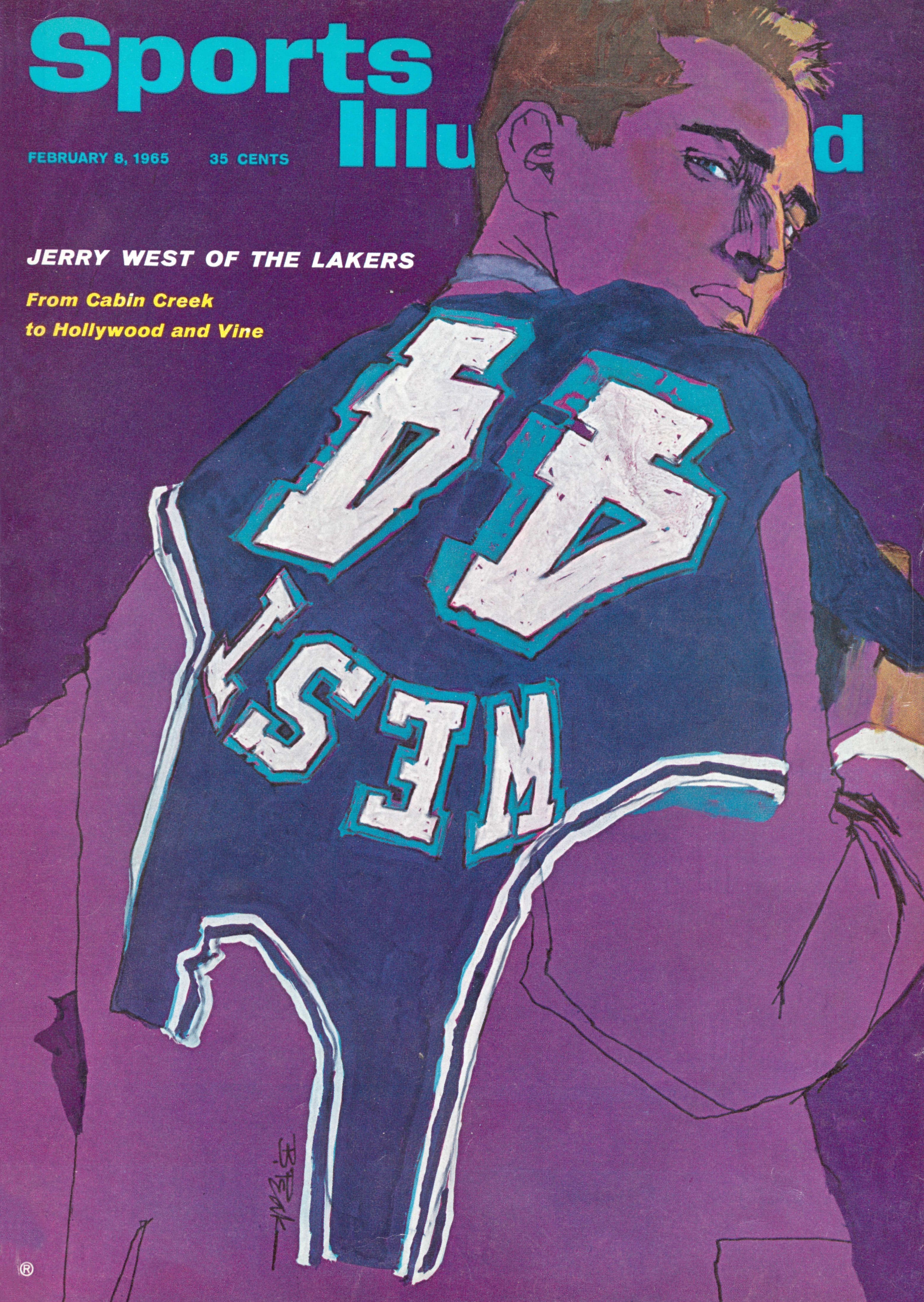 February 8, 1965 Sports Illustrated Cover. Basketball: Illustration of Los Angeles Lakers Jerry West holding number 44