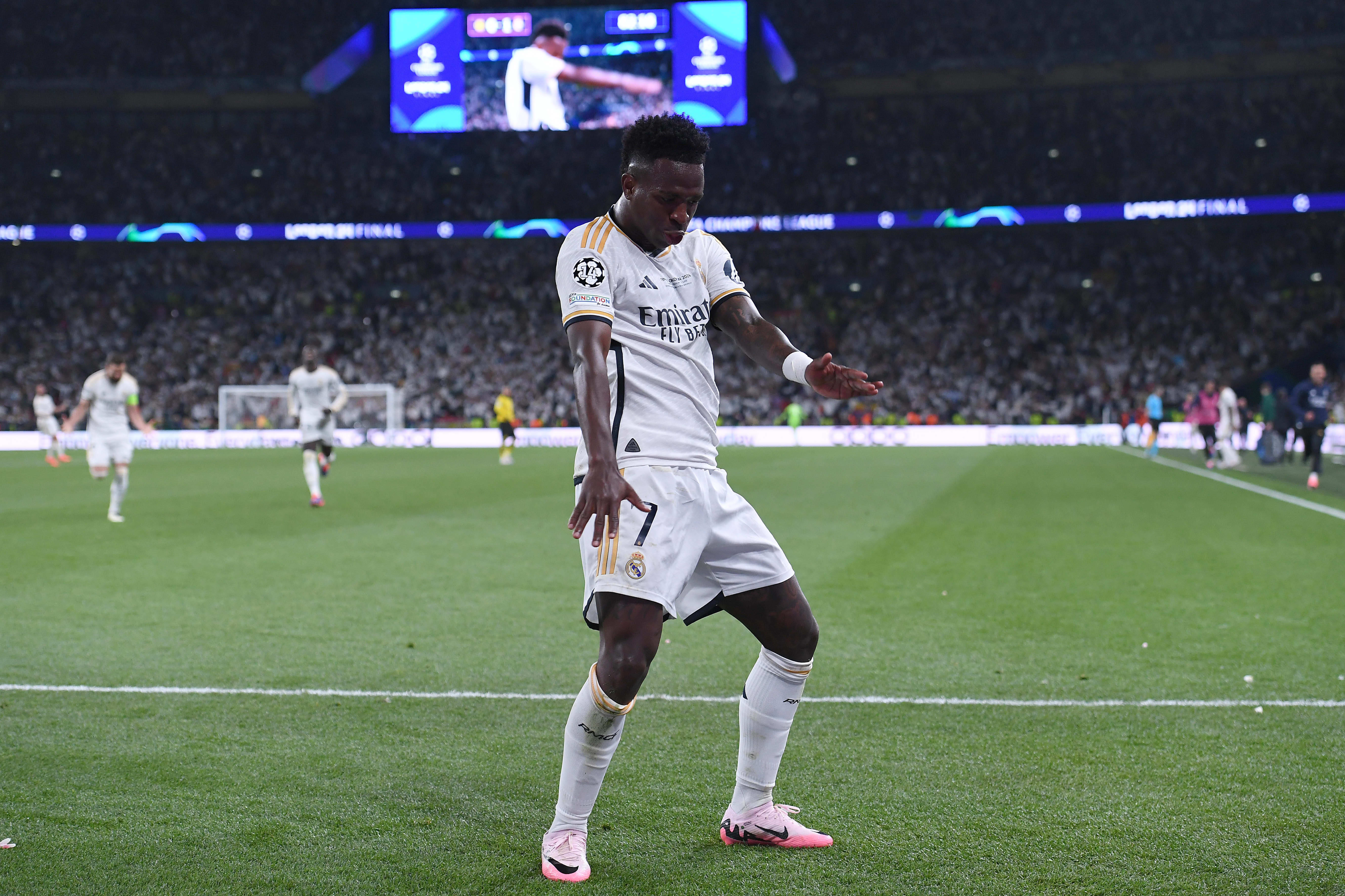 Vinicius Junior celebrates in the Champions League final.