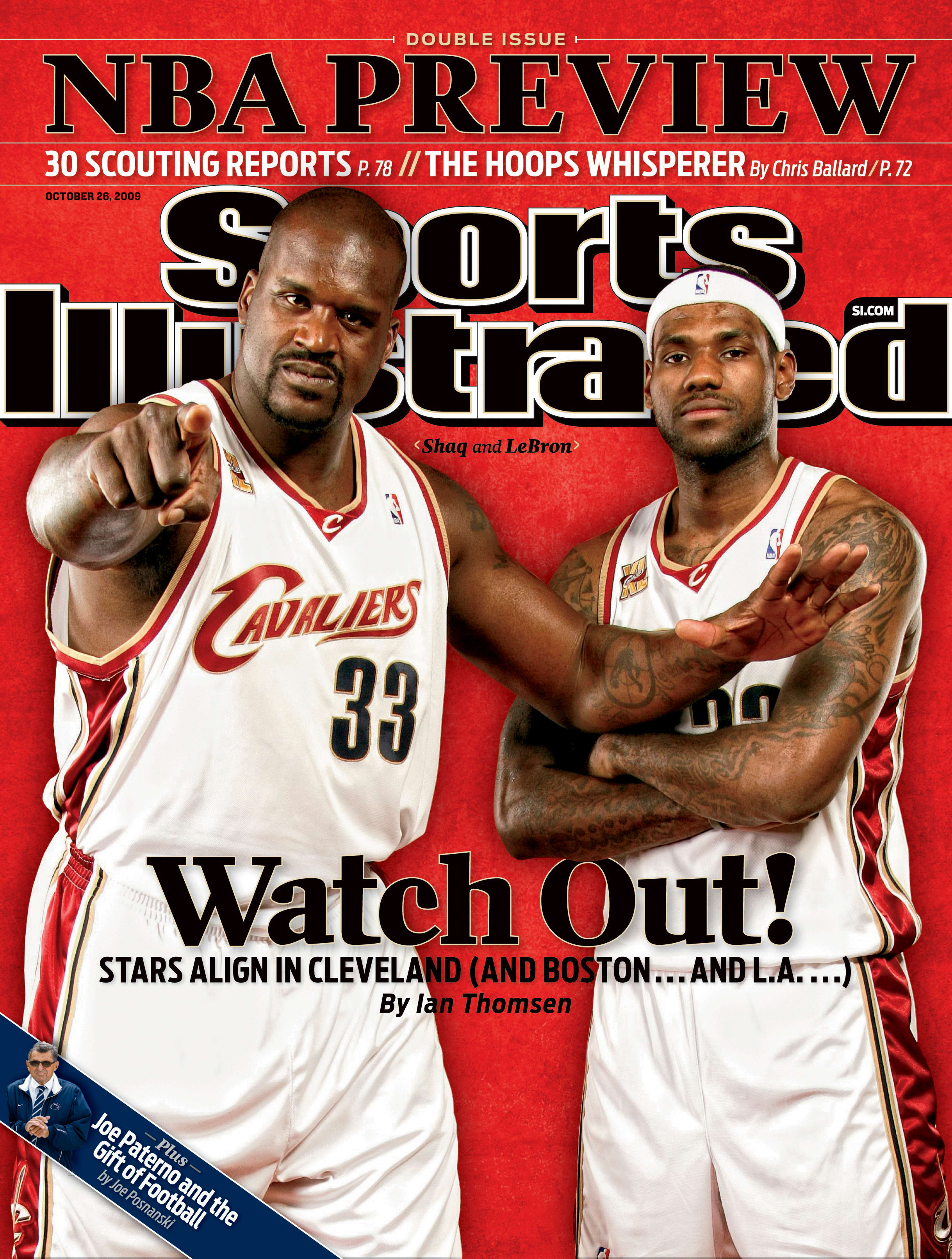 October 26, 2009 Sports Illustrated Cover: (L-R) Portrait of Cleveland Cavaliers Shaquille O'Neal (33) and LeBron James