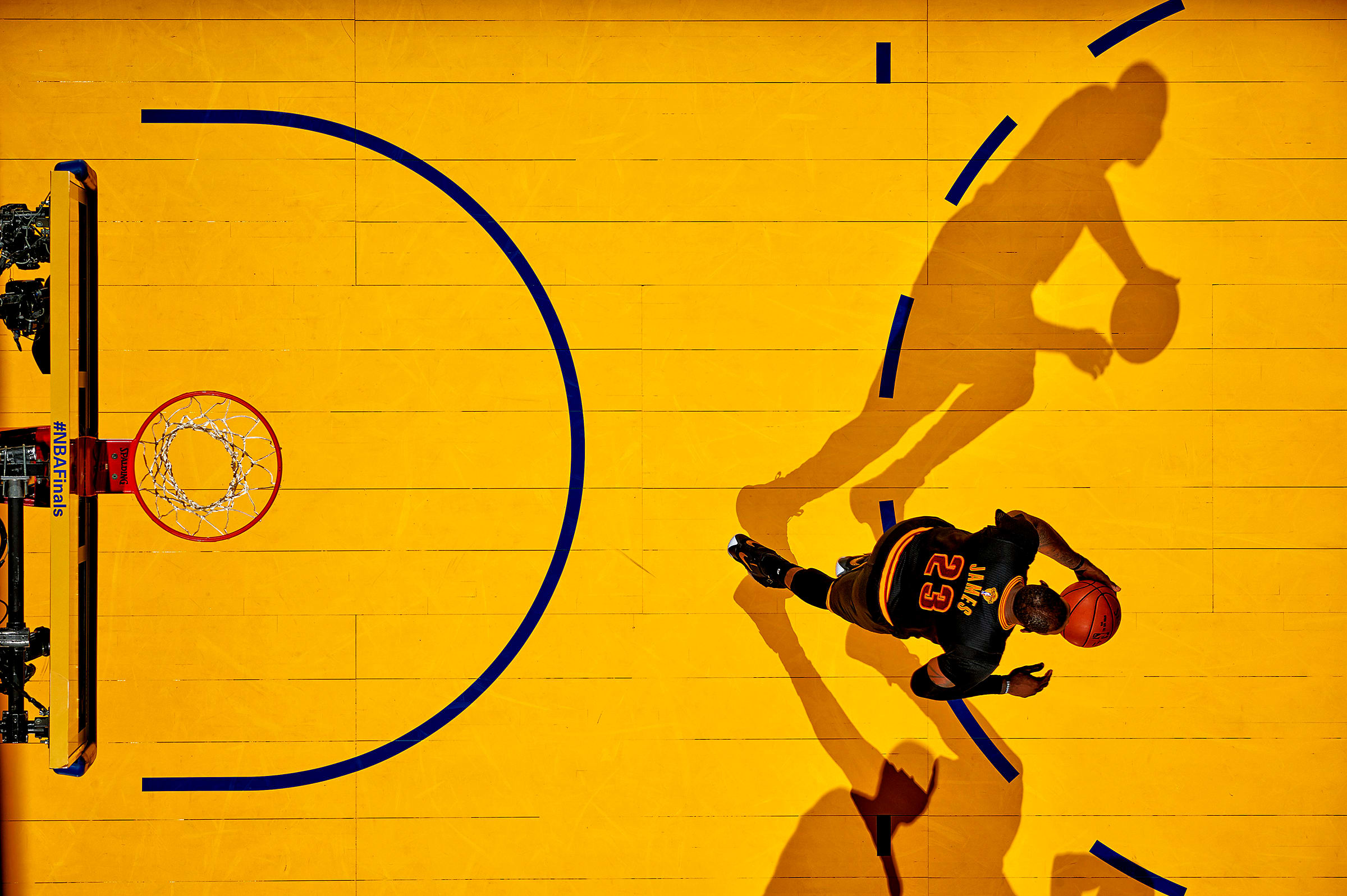 Aerial rear view of James in action against the Warriors in Game 5 of the 2016 NBA Finals.