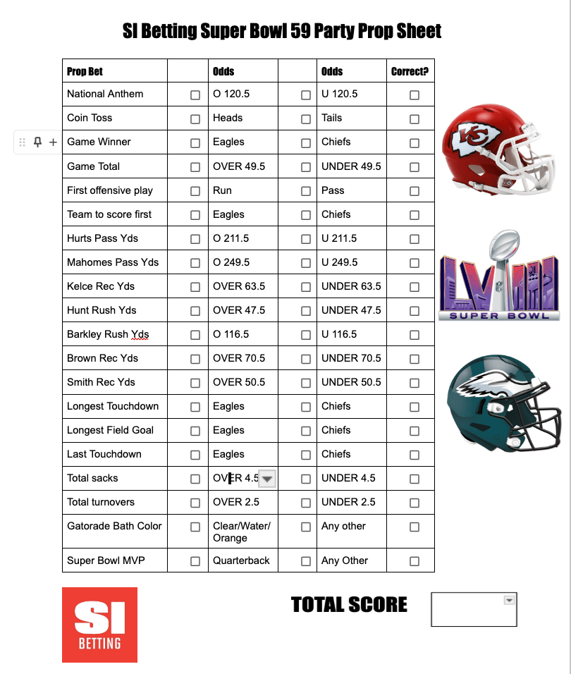 Printable Super Bowl 2025 Party Prop Bets Sheet for Chiefs vs Eagles in ...