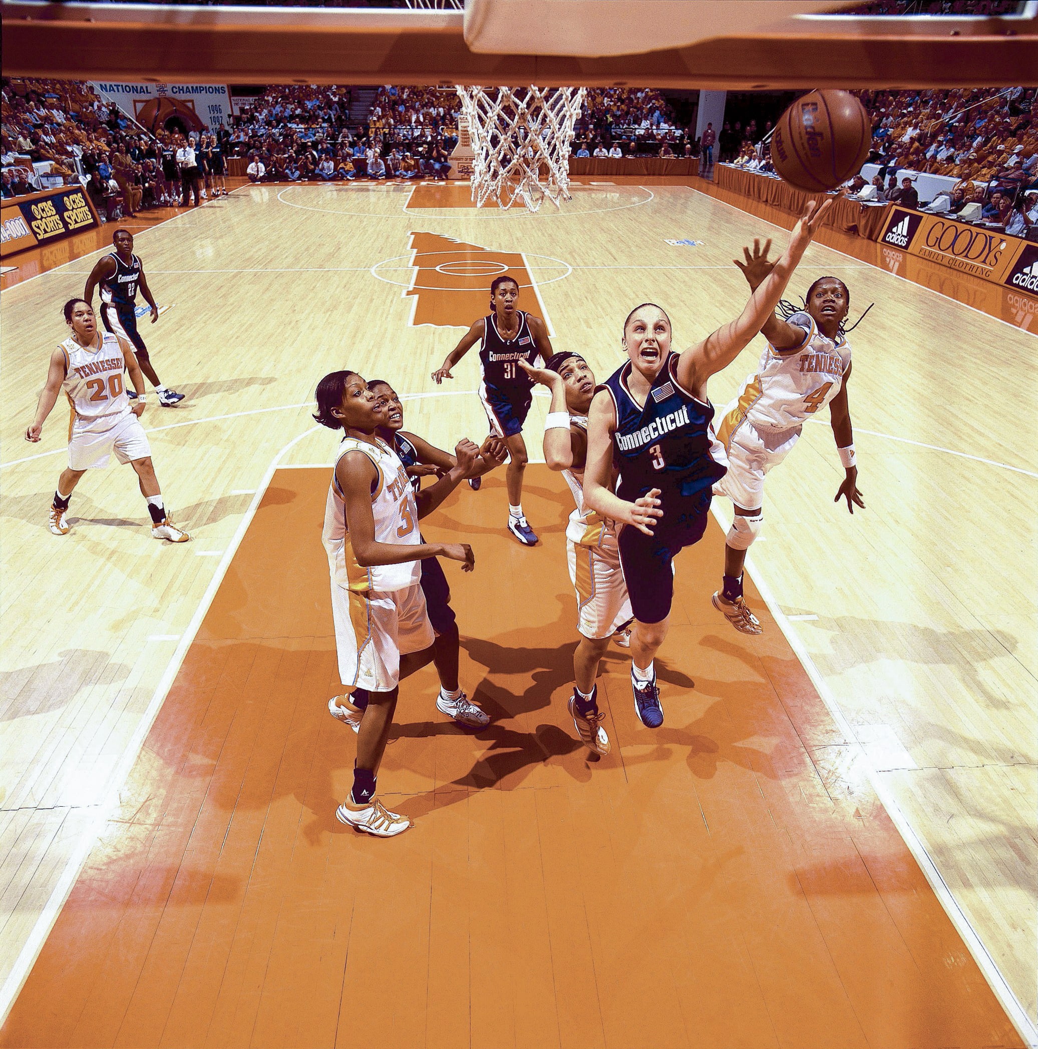 Diana Taurasi leaps for a layup against Tennessee in 2002. 
