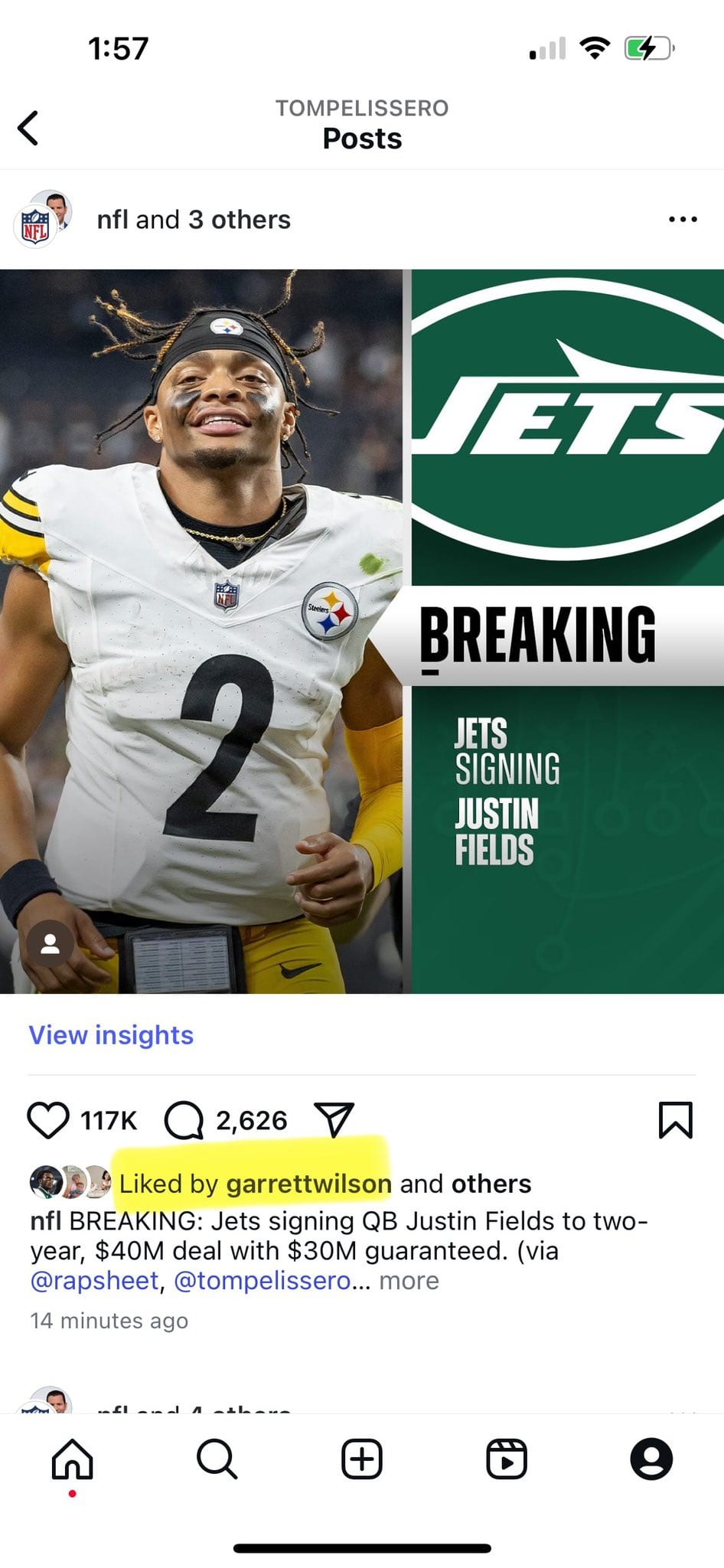 Garrett Wilson liked a photo on Instagram announcing that the Jets signed Justin Fields.